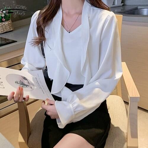 Long Sleeve Womens Blouse Fashion Lace-up Solid White Tops Office Lady With Bow V-neck Ruffled Womens Shirt Female 11275