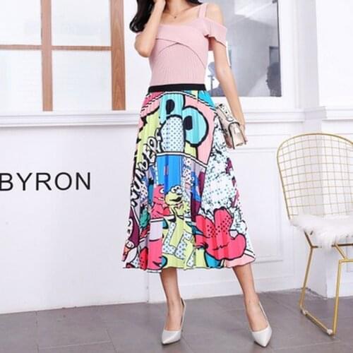 QRWR 19 Colors Cartoon Printed Women Skirt 2020 Elastic Waist Pleated Skirts Female Bohemian Casual Summer Midi Skirts Women