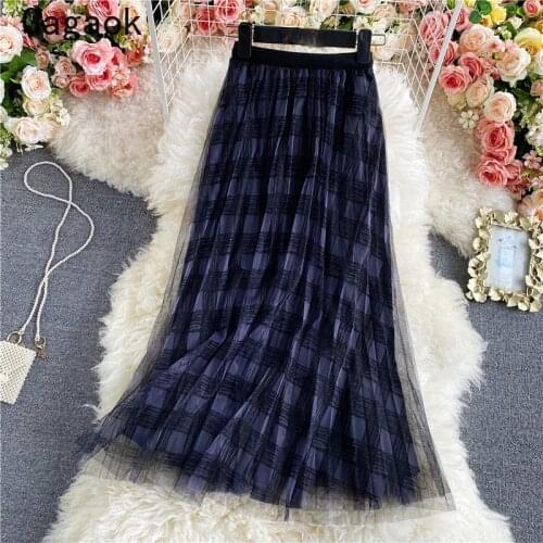 Gagaok Woman Skirts 2021 Summer New Sweet Empire Plaid Mesh Mid-Calf Clothing Loose Elegant Fashion Korean Chic Wild Skirt