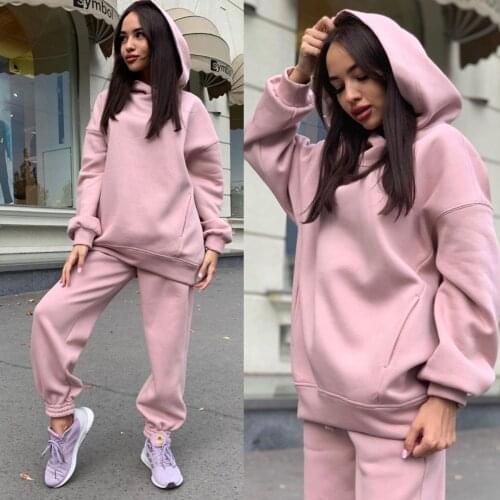 2021 Womens Two Piece Set Casual Fleece Tracksuit Autumn Winter Fashion Sets Hooded Long Sleeve Hoodie Sport Pants Ladies Suit