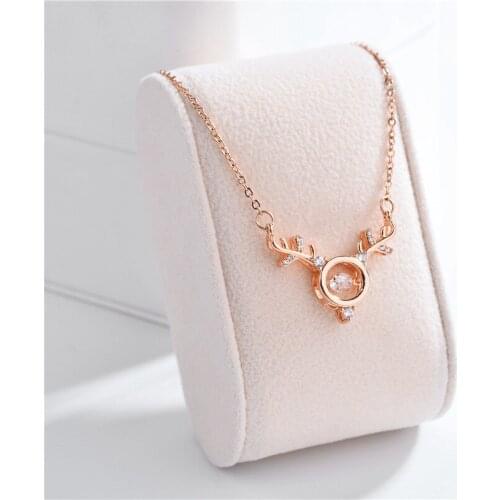 Korean Fashion Cute Crystal Antlers Pendant Necklace For Women Romantic Rose Gold Stainless Steel Wedding Jewelry Female Gift