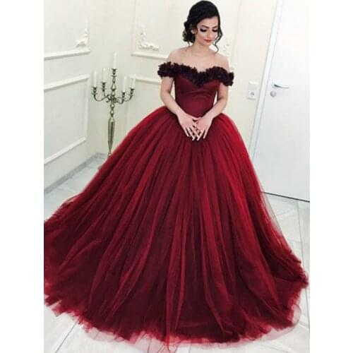 813 Fashion Burgundy Off-The-Shoulder Natural Ball Gown Floor-Length Tulle Evening Dresses/Women Prom Flower Free Shipping