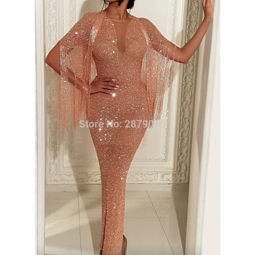 Brilliant Scoop Mermaid Coral Evening Dress Short Sleeves Tulle Celebrity Dress Floor-length Sequins Tassel Prom Party Dress