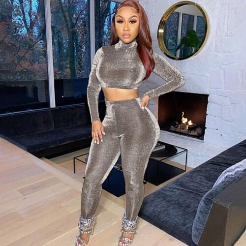 Glitter Two Piece Set Women Sexy Bodysuit Crop Top+High Waist Leggings Party Club Outfits Streetwear Jogging Femme 2020