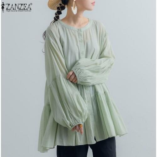 Elegant Women Long Puff Sleeve Blouse Spring Shirt ZANZEA Casual Buttons Down Blusas Female Solid Tunic Tops Chemise