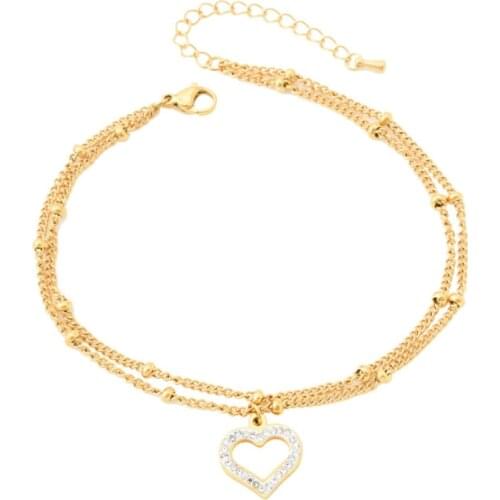 316L Stainless Steel Embedded Zircon Love Heart Shape Charm 2 Layer Beaded Chain Anklets For Women Fashion Trend Gifts Jewelry
