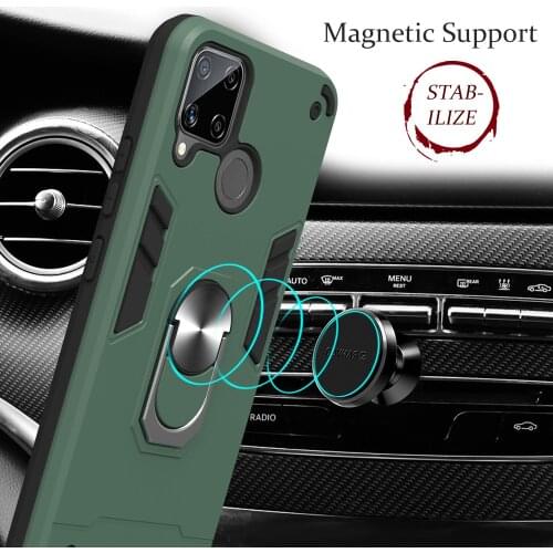 Armor Shockproof Case For Realme C15 C12 C11 Magnetic Metal Ring Stand Holder Soft TPU Frame Hard PC Protective Back Cover