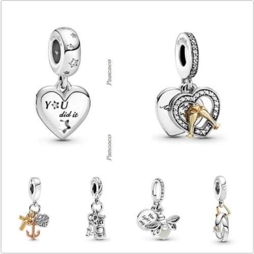 Authentic 925 Sterling Silver Triple Tone Cross Heart Anchor Dangle Charm Beads Fit Women Pandora Bracelet & Necklace Jewelry