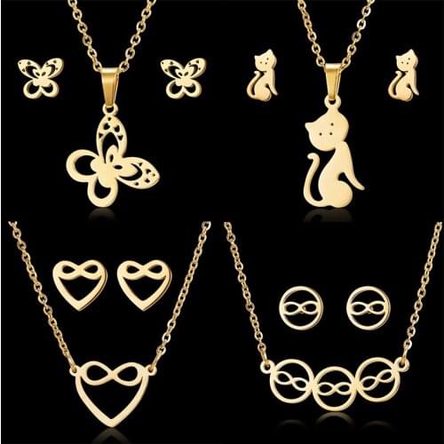 1Set Gold Stainless Steel Hollow Star Butterfly Heart Infinite "8" Cat Pendant Link Chain Necklace and Stud Earring Jewelry Set