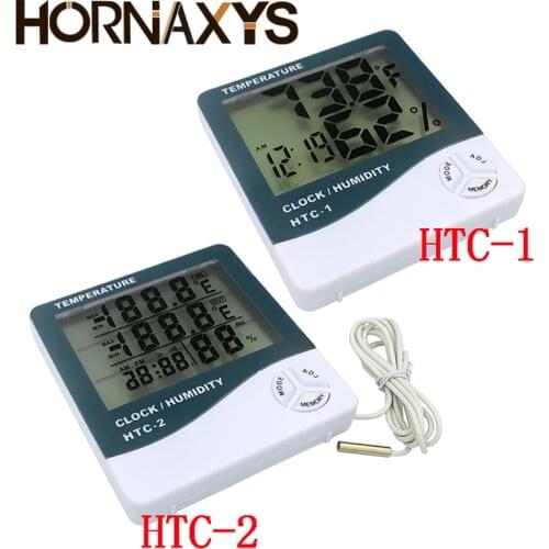 LCD Digital Thermometer Hygrometer Weather Station HTC-1 HTC-2 Temperature Humidity Tester Clock Alarm Wall Sensor Probe LCD