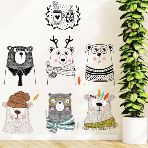 Kids Kindergarten 6 Simple Bear Wall Stickers for Living Room Bedroom Wall decals Ins Cartoon Nordic DIY Dormitory Decoration
