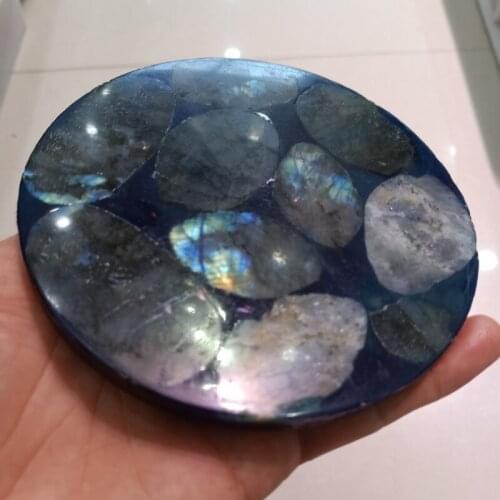 DHXYZB 11-12cm Natural labradorite circular Slice Plate Crystal labrador feldspar Stone Mineral Healing Specimen Display decor