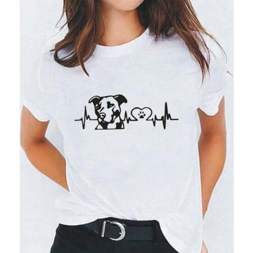 Funny Personality Pitbull Love Heartbeat T Shirt Women Tops Harajuku Casual Tshirt Summer Short Sleeve Cotton Tee Shirt Femme