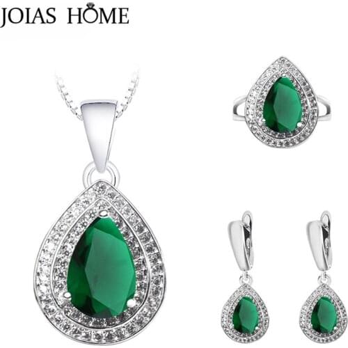 JoiasHome Sterling Silver 925 Jewelry Set for Women Emerald Sapphire Ruby Topaz Amethyst Citrine Charms Ring Earrings Necklace