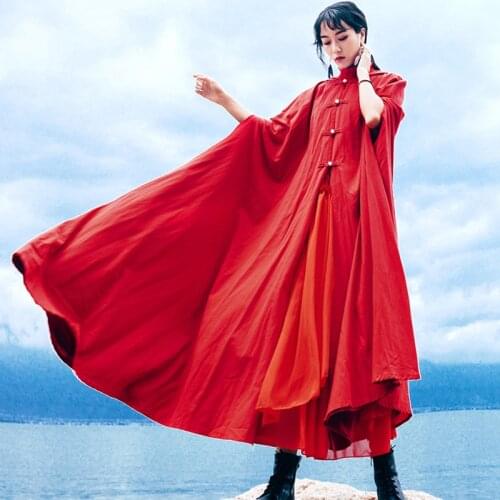 Hooded red cloak women 2020 spring autumn literary vintage womens cotton linen long cape poncho kerst outfit dames