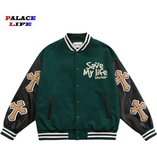 Hip Hop Streetwear Mens Varsity Jackets Furry Cross Embroidery Jacket Couple Patchwork Bomber Jacket Harajuku Baseball Coat