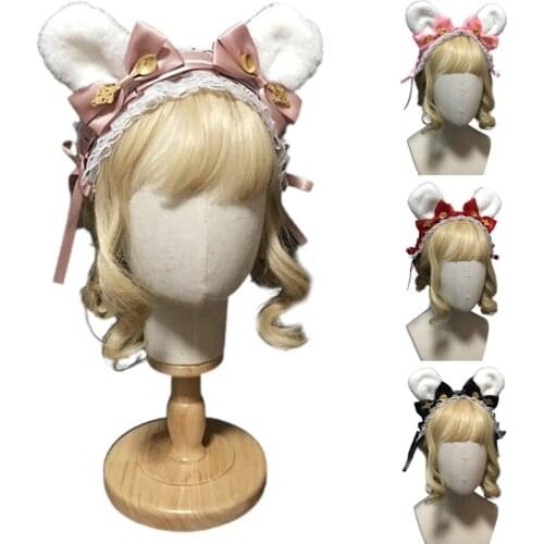 Cute Plush Rabbit Bunny Ears Headband Japanese Lolita Satin Ribbon Bow Hairband Ruffled Lace Anime Cosplay Headdress