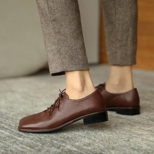 Osunlina Square Toe Retro Flats Thick Heels Lace-UP Brown Black Genuine Leather Autumn Handmade Casual Shoes For Work A175