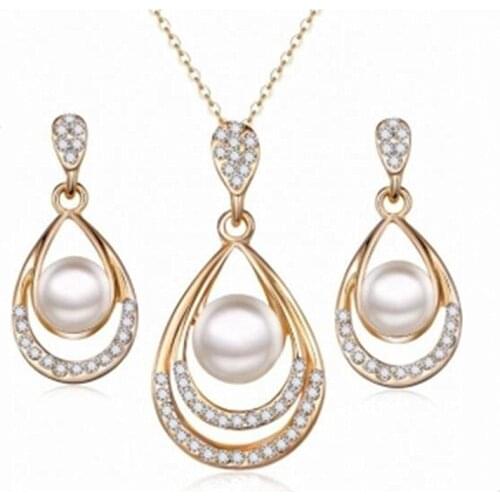 2021 New Sale Gold/Silver Color Fashion Jewelry Set Simulated Pearl Crystal Water Drop Necklace&Earrings Wedding Jewelry Gifts