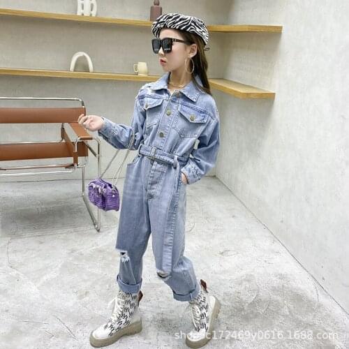 Baby girl tooling denim jumpsuit western style trousers spring and autumn net red temperament one-piece jumpsuit kids clothing