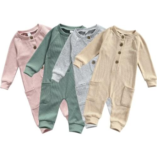 Infant Baby Girls Boys Casual Romper, Solid Color Round Collar Long Sleeve Jumpsuit with Pockets, Grey/ Pink/ Khaki/ Dark Green