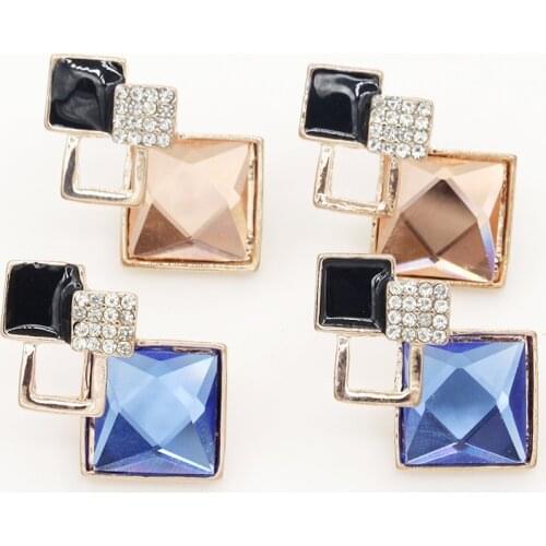Geometric Crystal Statement Stud Earrings For Women Ladies Blue Light Brown Big Stone Eardrop Cubic Zirconia Charm Earing Party