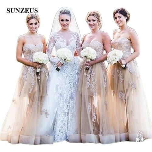Champagne A-Line Bridesmaid Dresses 2020 Sweetheart Appliques See Though Tulle Skirt Elegant Wedding Guest Dresses SBD104
