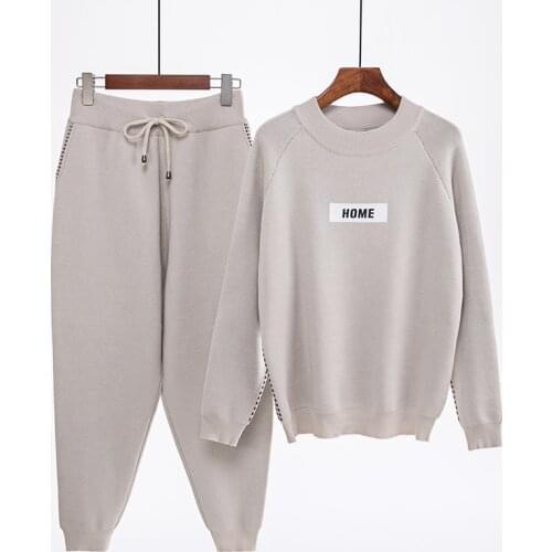 Tracksuit Autumn Winter Woolen Cashmere Knitting Two Piece Set Women Thickend Warm Solid O-neck Sweater Harem Pants Loose Suit