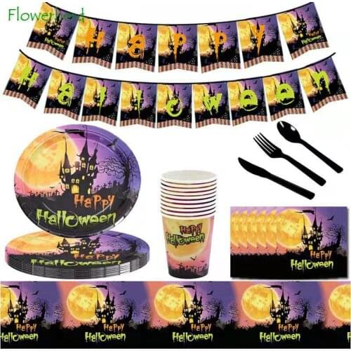 Halloween Decorations Party Supplies Tableware Set Disposable Plates Cups Napkins Knives Forks Spoons Disposable Dinnerware Set