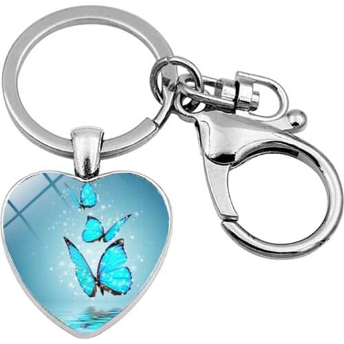WG1pc Butterfly Keyring Heart Pendant Metal Lobster Clasp Handmade Keychain Key Ring Key Holder For Women Car Bags Accessories