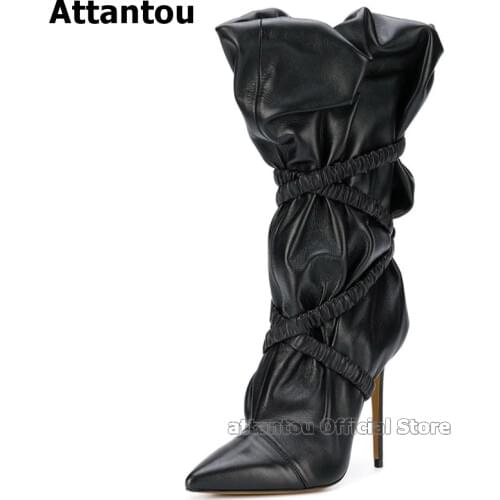 New Designer Pleated Women Boots Thin High Heels Pointed Toe Cross-tied Black Fashion Pointy Booties Women Zapatos Mujer Size 45