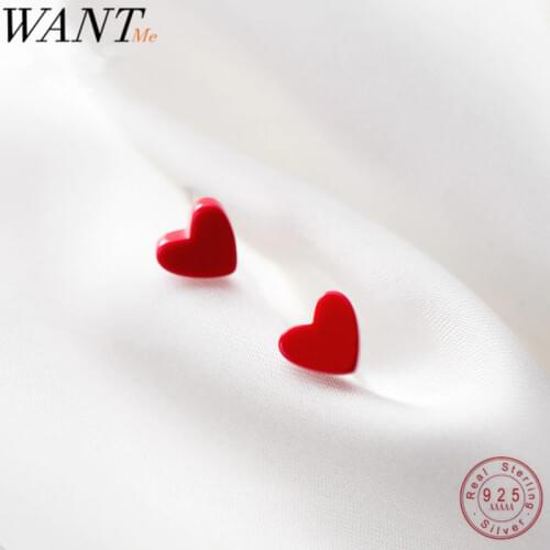 WANTME Genuine 100% 925 Sterling Silver Red Love Heart Minimalist Studs Earrings for Women Party Jewelry Accessories Teen Gift