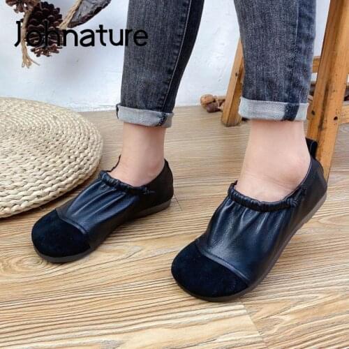 Johnature Flats Women Shoes Round Toe Genuine Leather 2021 New Autumn Concise Shallow Retro Handmade Soft Leisure Ladies Shoes