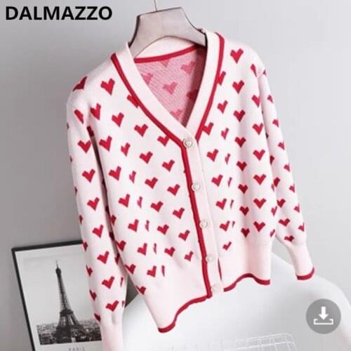 2021 New Arrival Autumn Women V Neck Single-Breasted Knitted Cardigan Loose Sweater Sweet Love Print Patchwork Color Coat Female