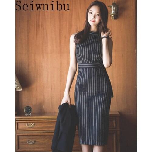 2018 Spring Women Elegant Straigt Womens Dresses Sleeveless Sashes Pullover Color Block Dresses Korean Style Hot Sale