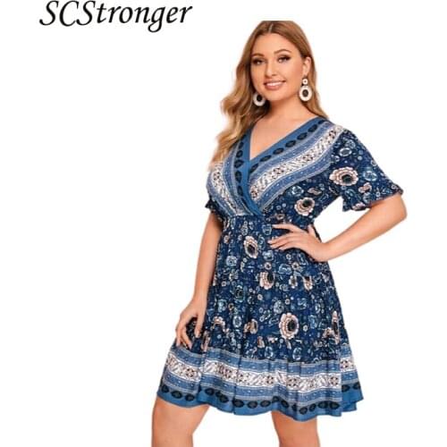 SCSTRONGER Summer Womens Dark Blue Plus Size Dress V Neck Print Holiday Casual Beach Dress Slim Fashion Robe Femme Ete 2021