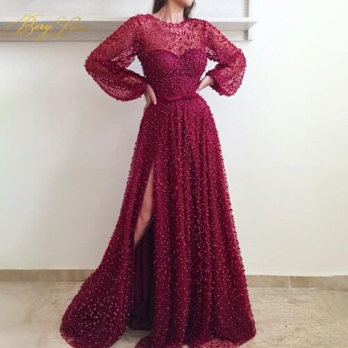 Berylove A Line Illusion Evening Dress Sexy High Split Party Dress Beaded Formal Long Sleeve Prom Gown Wine Red Long vestidos