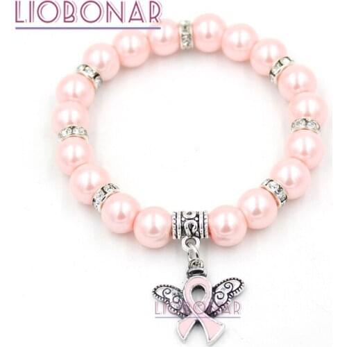 1PC New Breast Cancer Awareness Bracelet Angel Wing Pink Ribbon Pearl Bracelet for Women Girl Pulsera Bijoux