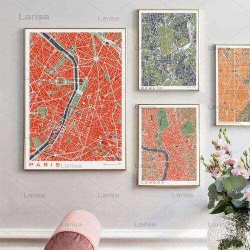 16 Famous City Classic Map Poster and Print Wall Art Canvas Painting Paris London Roma Madrid Map for Living Room Home Decor
