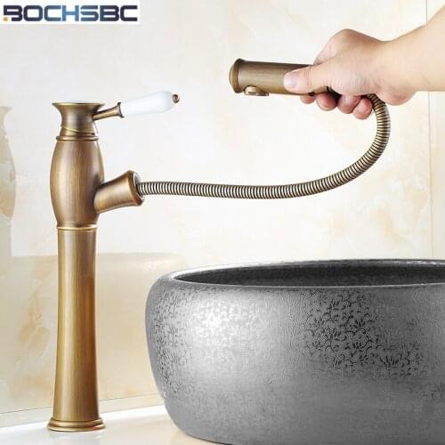 BOCHSBC Antique Brass Pulling Faucet Rotatable Kitchen Basin Faucets Tap Hot and Cold Water Batarya Musluk