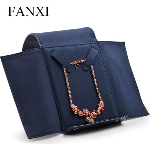 Fanxi Jewelry Gift Bag PU Leather Necklace Bag Royal Blue Button Jewelry Storage Bag for Big Necklace