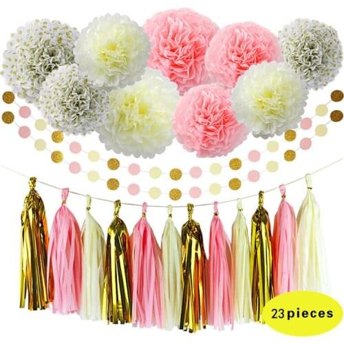 HAOCHU 23pcs/set Cream Dot Paper Pom Pom Flowers Shiny Circle Paper Garland Wedding Party Decoration Stage Photo Props