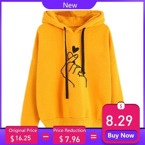 Harajuku Womens Sweatshirt and Hoody Ladies Oversize K Pop Yellow Pink Love Heart Finger Hood Casual Hoodies for Women DG0711