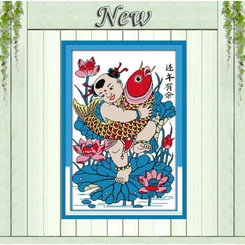 Surplus Year after Year boy and carp Lotus pond counted printed on canvas 11CT 14CT kits Cross Stitch embroidery needlework Sets