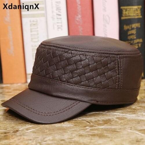 XdanqinX New Autumn Winter Men Leather Caps Natural Sheepskin Leather Military Hats Adjustable Size Casual Navy Hat Snapback Cap