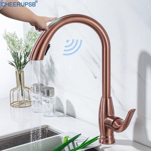 Kitchen Sink Rose Gold Touch Faucet Automatic Smart Sensor Crane Single Hole Deck Mount Touch Sense Taps Modern Luxury Faucets