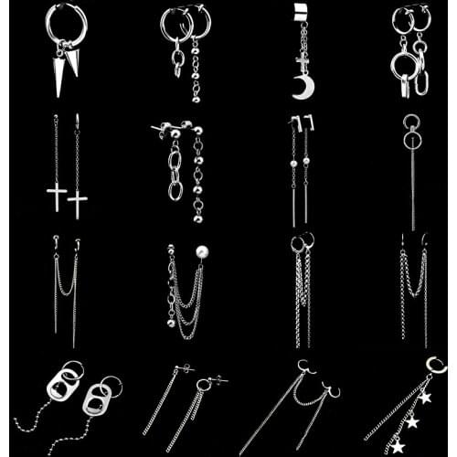 SOHOT Long Tassel Multi-layer Chain Unisex Drop Hoop Earrings Star Moon Cross Triangular cone Pearl Geometric Metal Punk Party