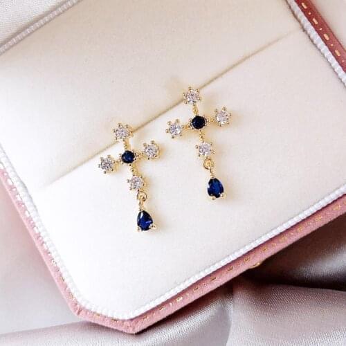 Fashion Women Faux Sapphire Rhinestone Alloy Cross Ear Stud Earrings Jewelry Gift Female Wedding Jewelry