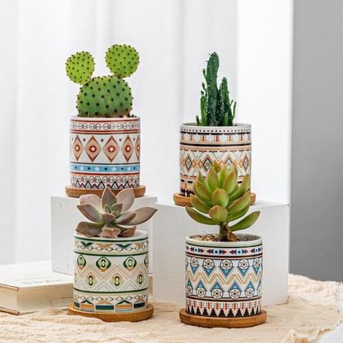 4 Pcs/Set Desktop Vase Nordic Style Succulent Plant Pot Ceramic Pot Succulent Flowerpot Set With Bamboo Support For Desktop