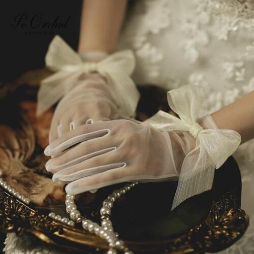 PEORCHID Sexy Sheer Bridal Short Gloves With Bow Gusntes Mujer Accessoire Mariage Gant Transparent Wedding Gloves For Bride